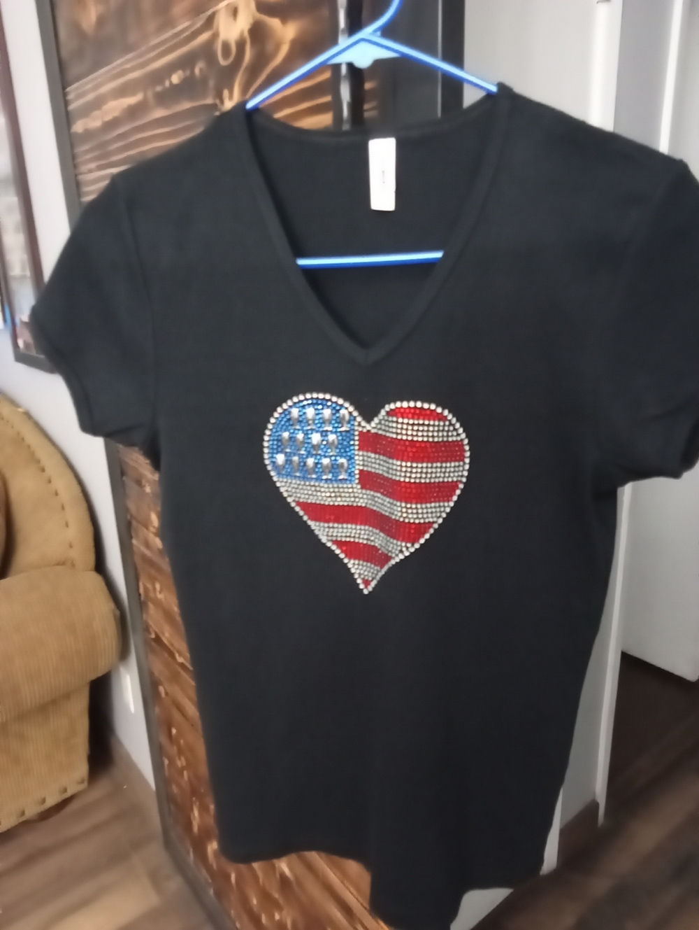 Black V-Neck Women’s Tee with Rhinestone American Flag Heart
